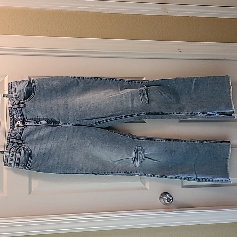 INC high rise, distressed flare jeans